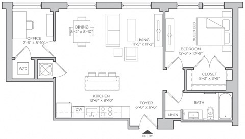 Floor plan for 1 bed, 1 bath, 756 sqft